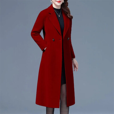 Ženski vuneni dugi kaput na revere, modna jakna s jednim gumbom, dugih rukava, jesen, zima, uredska dama, elegantni topli vuneni kaput