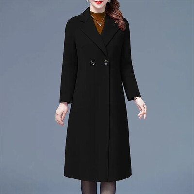 Ženski vuneni dugi kaput na revere, modna jakna s jednim gumbom, dugih rukava, jesen, zima, uredska dama, elegantni topli vuneni kaput