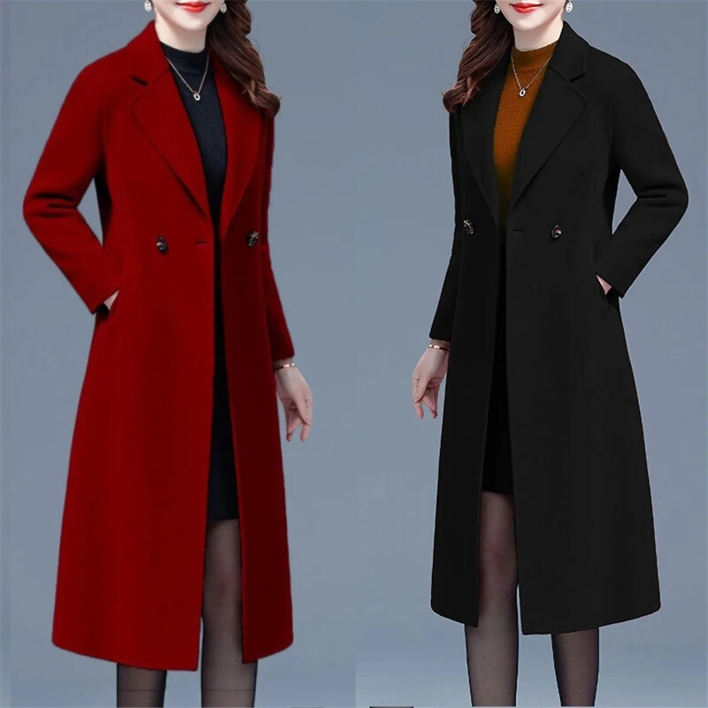 Ženski vuneni dugi kaput na revere, modna jakna s jednim gumbom, dugih rukava, jesen, zima, uredska dama, elegantni topli vuneni kaput