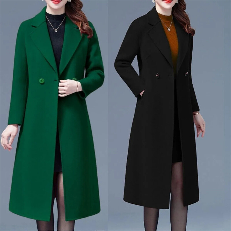Ženski vuneni dugi kaput na revere, modna jakna s jednim gumbom, dugih rukava, jesen, zima, uredska dama, elegantni topli vuneni kaput