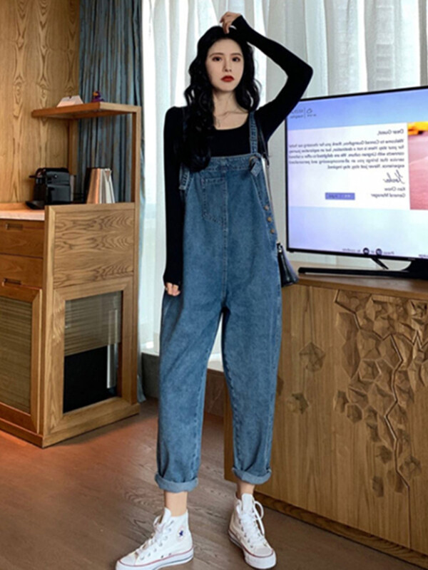 Dugi široki traper kombinezon za trudnice u korejskom stilu, jesenske traperice veće veličine za trudnice, vintage dizajn, trudničke pamučne hlače