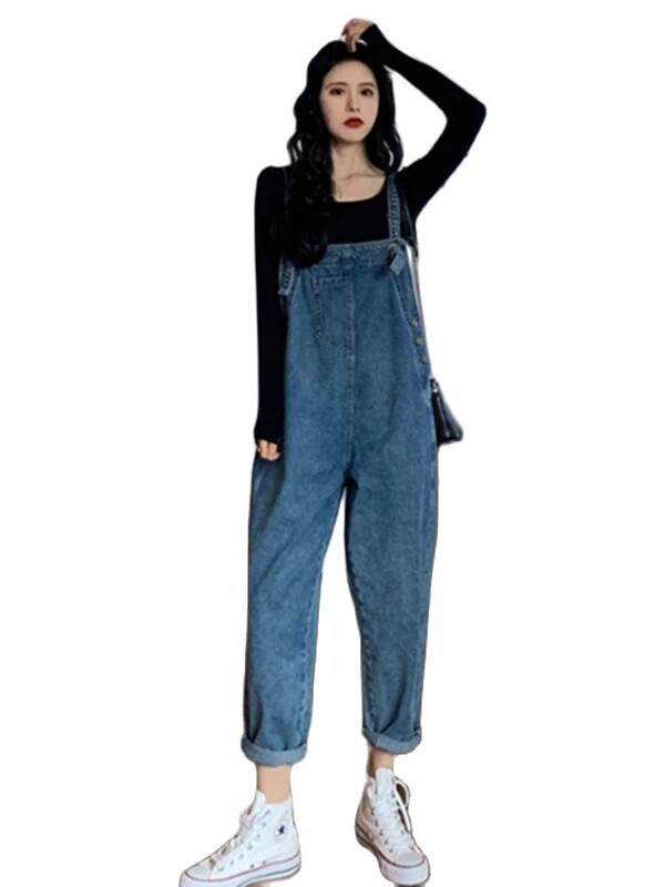 Dugi široki traper kombinezon za trudnice u korejskom stilu, jesenske traperice veće veličine za trudnice, vintage dizajn, trudničke pamučne hlače