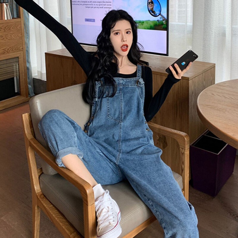 Dugi široki traper kombinezon za trudnice u korejskom stilu, jesenske traperice veće veličine za trudnice, vintage dizajn, trudničke pamučne hlače