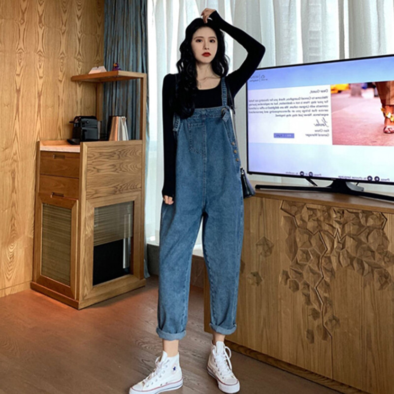 Dugi široki traper kombinezon za trudnice u korejskom stilu, jesenske traperice veće veličine za trudnice, vintage dizajn, trudničke pamučne hlače