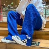 Ανδρικά παντελόνια φούτερ High Street Μόδα Φαρδιά, casual πλαϊνό σκίσιμο παντελόνι με ίσιο πόδι Vintage μπλε ζακάρ casual πάτο Αντρικά ρούχα