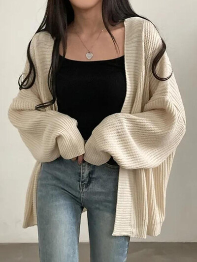 Zoki Harajuku Cardigan supradimensionat Pulover Femei Casual Leneș Vânt Topuri coreeane Vintage cu mânecă lungă Cardigan pentru damă cu design simplu