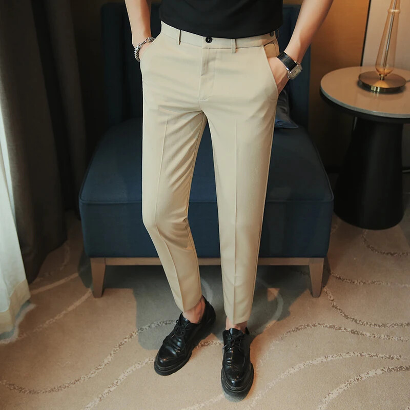 Muške jednobojne ležerne hlače s podesivim strukom, jesen 2024., nove uske poslovne modne odjeće za društvene zabave, svečane hlače 38-28