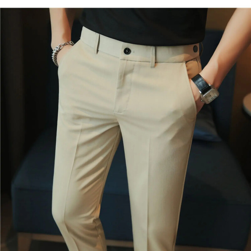 Muške jednobojne ležerne hlače s podesivim strukom, jesen 2024., nove uske poslovne modne odjeće za društvene zabave, svečane hlače 38-28