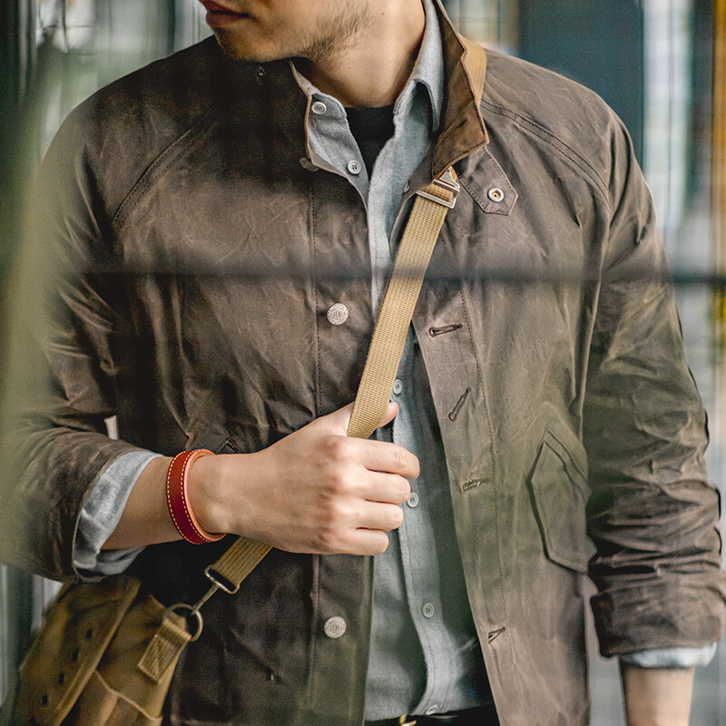 Jachetă ceară cu ulei cu guler vintage Maden Versiune Ⅲ pentru bărbați, pânză impermeabilă, culoare solidă, haină clasică de vânătoare pentru toamnă