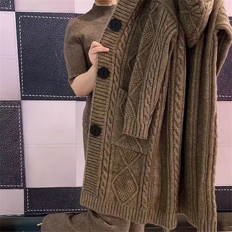 2024. gada pavasara rudens, jauns žakarda trikotāžas džemperis, liela izmēra sieviešu džemperis ar garu kapuci, trikotāžas mētelis ar vienrindu trikotāžas jaciņu M-5XL