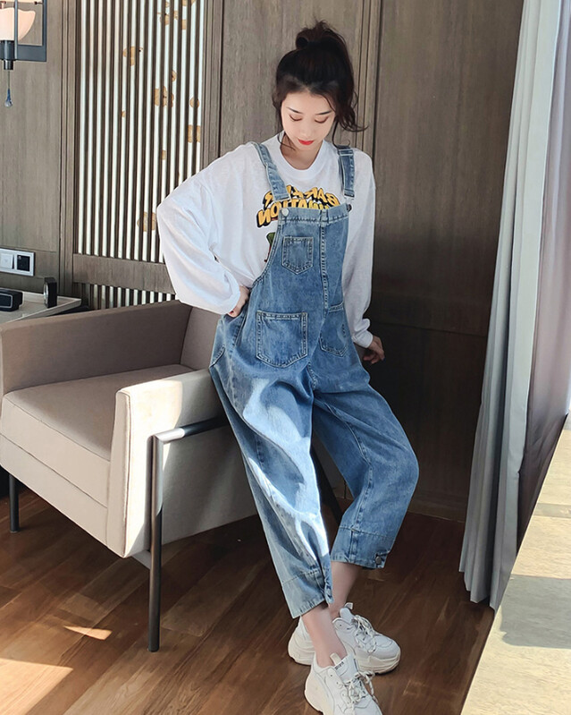 Didelio dydžio džinsiniai kombinezonai nėščiosioms Ilgi laisvi medvilniniai kombinezonai nėščiosioms Madingi nėščioms moterims džinsai Preppy stiliaus kelnės