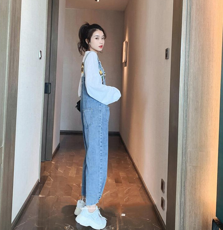 Didelio dydžio džinsiniai kombinezonai nėščiosioms Ilgi laisvi medvilniniai kombinezonai nėščiosioms Madingi nėščioms moterims džinsai Preppy stiliaus kelnės