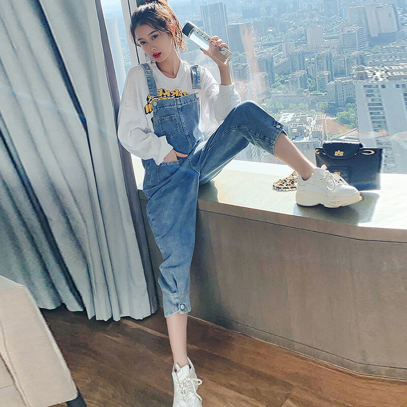 Didelio dydžio džinsiniai kombinezonai nėščiosioms Ilgi laisvi medvilniniai kombinezonai nėščiosioms Madingi nėščioms moterims džinsai Preppy stiliaus kelnės