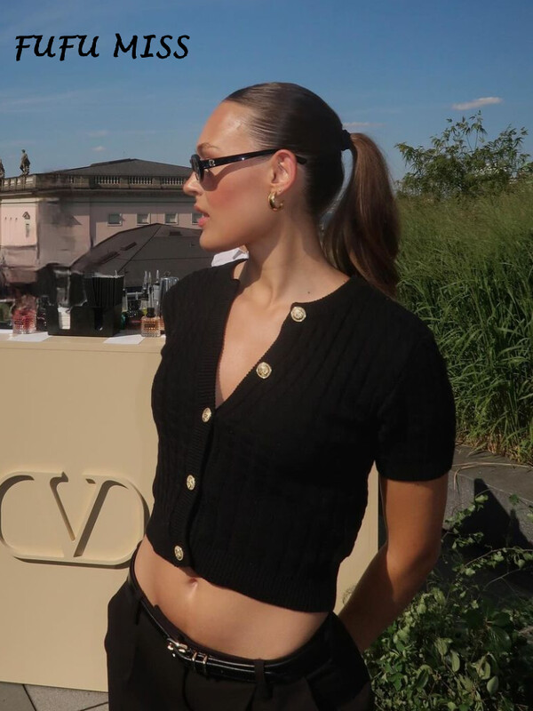 Cardigan tricotat casual cu mânecă scurtă, pentru femei, unic, cu gâtul O, îmbrăcăminte încrucișată, îmbrăcăminte încrucișată 2024 Tricotaj urban High Street