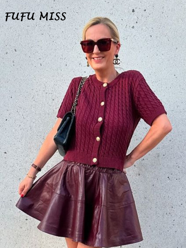 Cardigan tricotat casual cu mânecă scurtă, pentru femei, unic, cu gâtul O, îmbrăcăminte încrucișată, îmbrăcăminte încrucișată 2024 Tricotaj urban High Street