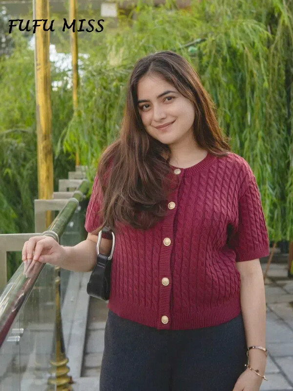 Cardigan tricotat casual cu mânecă scurtă, pentru femei, unic, cu gâtul O, îmbrăcăminte încrucișată, îmbrăcăminte încrucișată 2024 Tricotaj urban High Street