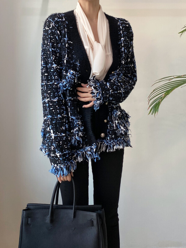 Šik korejski stil Jesen Zima V-izrez V-izrez Vuneni pleteni kardigan mješovitih boja Labavi džemper dugih rukava