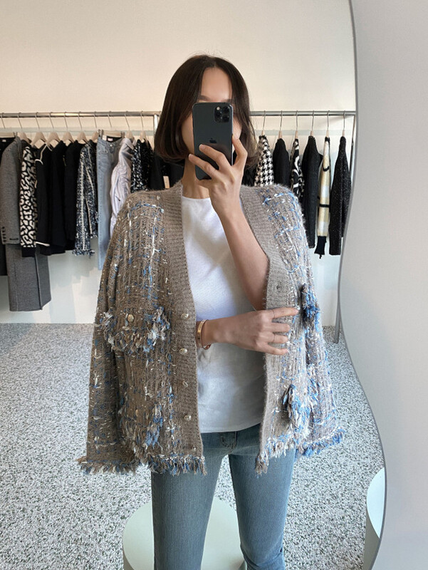 Šik korejski stil Jesen Zima V-izrez V-izrez Vuneni pleteni kardigan mješovitih boja Labavi džemper dugih rukava