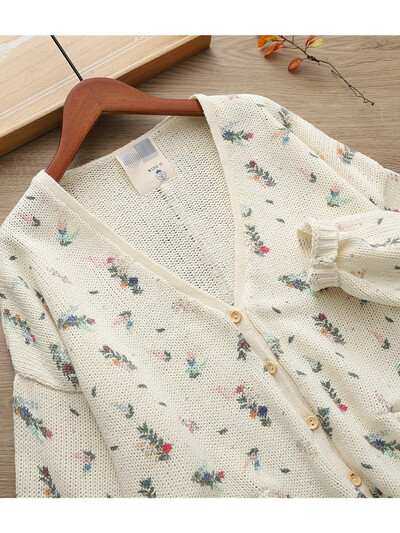 Lamtrip Kawaii šareni pšenični cvjetovi s printom Slatki pleteni džemper s V-izrezom 2024. Jesen Zima