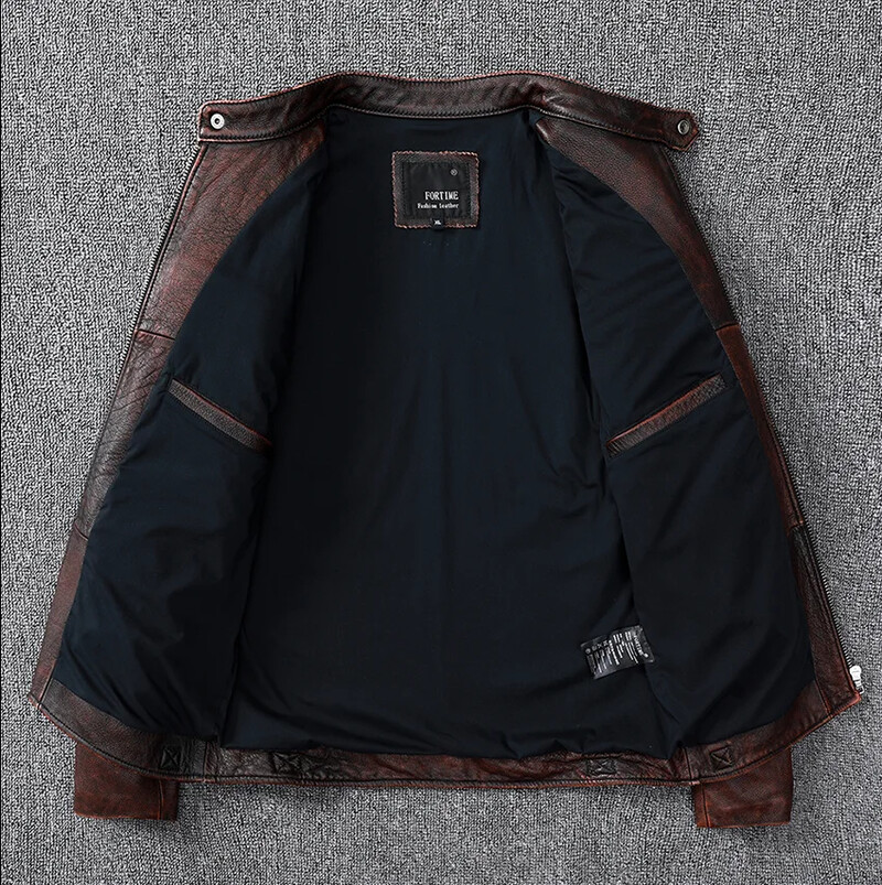 Bezmaksas piegāde 2021. gada jauns vintage stila vīriešu govs ādas apģērbs Biker īstas ādas jaka Modes brūns ādas plāns vīriešu mētelis