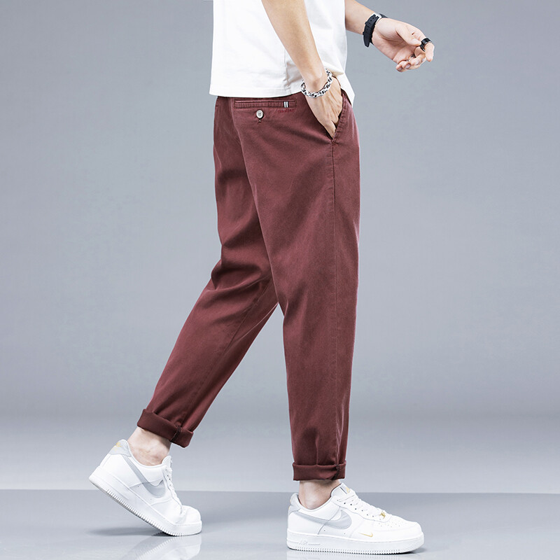 Jauns vasaras mīksts, mājīgs elpojošs liocela audums ikdienas bikses vīriešiem plānas, slaidas, elastīgas jostasvietas Koreja Jogger darbs vīns sarkanas bikses vīriešu