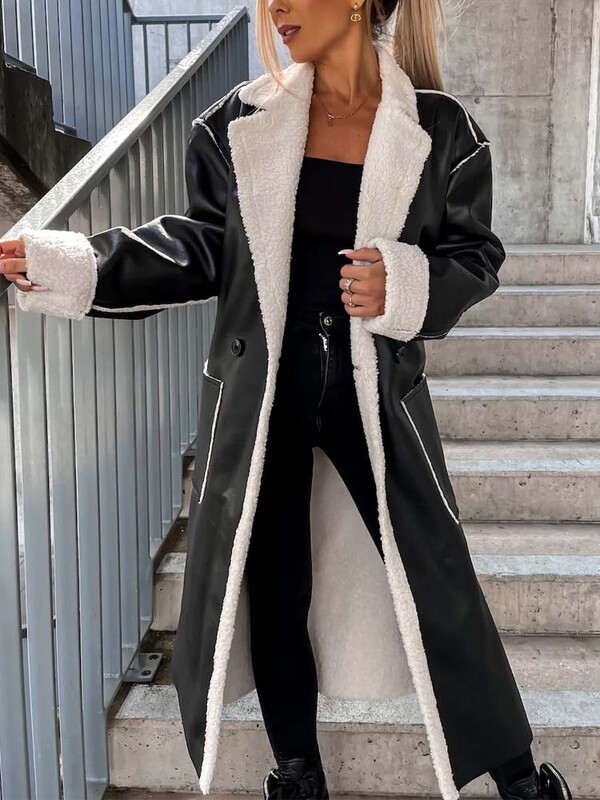 2022 Iarnă PU Faux Piele Jachetă Femei Lungă Piele Mantoane Negre Groase Călduțe pentru Femei