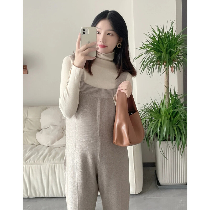 Rudens nėštukės mezgimo kombinezonai Geros kokybės madingi ilgos laisvos plačios kelnės nėščios moters kombinezonai tiesūs šliaužtinukai