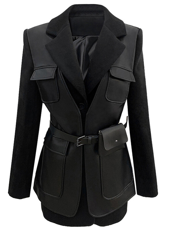 Νερατζούρι Φθινοπωρινό μαύρο μαλλί συνδυάζει συνονθύλευμα δερμάτινο μπουφάν Γυναικείο με πολλές τσέπες Μακρυμάνικο Κορεάτικο Μόδα Streetwear 2022