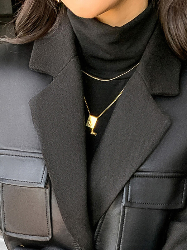 Νερατζούρι Φθινοπωρινό μαύρο μαλλί συνδυάζει συνονθύλευμα δερμάτινο μπουφάν Γυναικείο με πολλές τσέπες Μακρυμάνικο Κορεάτικο Μόδα Streetwear 2022