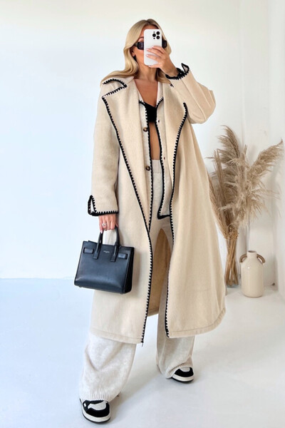 Modes izšuvumi Vilnas garš mētelis Sieviešu vintage nolaižama jaka ar apkakli sievietēm 2024. gada ziemas elegants ikdienas sieviešu virsdrēbes