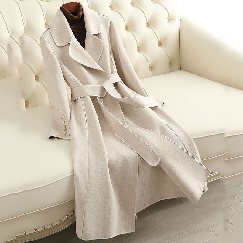 Jachetă de lână cu două fețe noi pentru femei, primăvară, toamnă, haină lungă de lână, trenci casual pentru femei, pardesiu rezistent la vânt, cămilă 4XL