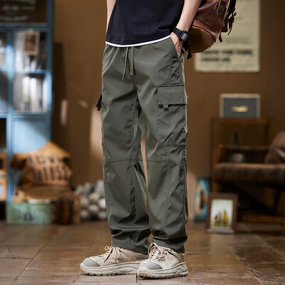 Nyári vékony férfi overál nadrág bő, egyenes szárú, több zsebes kivitel kültéri kocogás túrázás húzózsinóros nadrág fekete zöld