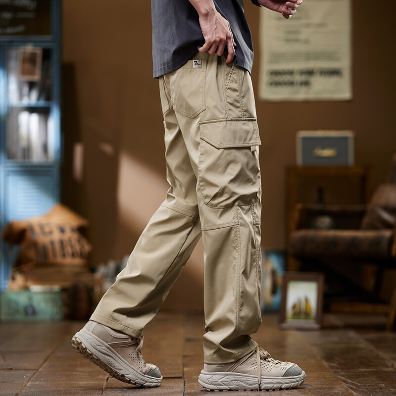 Nyári vékony férfi overál nadrág bő, egyenes szárú, több zsebes kivitel kültéri kocogás túrázás húzózsinóros nadrág fekete zöld