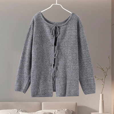 Pleteni ženski pulover s mašnom na čipku Preppy Ženski kardigan dugih rukava s izdubljenim O izrezom 2024. Ženska pletena odjeća s šaranim printom