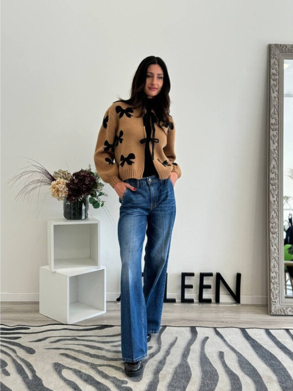 Pleteni ženski pulover s mašnom na čipku Preppy Ženski kardigan dugih rukava s izdubljenim O izrezom 2024. Ženska pletena odjeća s šaranim printom