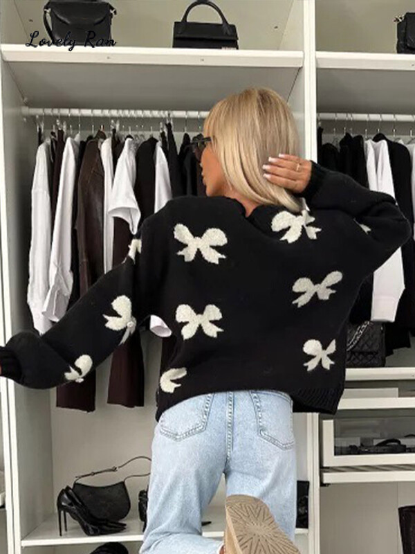 Pleteni ženski pulover s mašnom na čipku Preppy Ženski kardigan dugih rukava s izdubljenim O izrezom 2024. Ženska pletena odjeća s šaranim printom