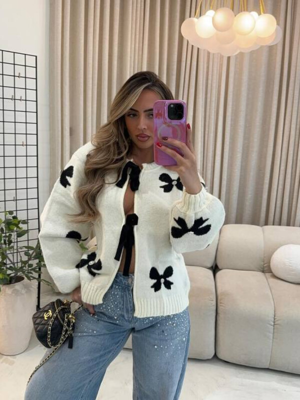 Pleteni ženski pulover s mašnom na čipku Preppy Ženski kardigan dugih rukava s izdubljenim O izrezom 2024. Ženska pletena odjeća s šaranim printom