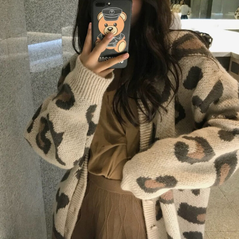 Pulover roz cu decolteu în V cu imprimeu leopard, toamnă pentru femei, versiune coreeană, pulover slăbit, tricotat, cardigan.