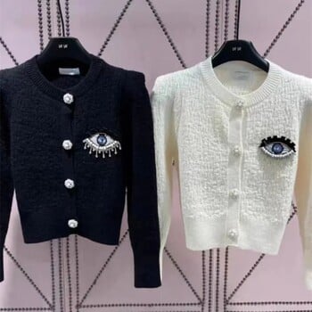 Peals Beading Knitted Cropped Cardigan Jacket Γυναικεία νέα φθινοπωρινά χειμωνιάτικα μακρυμάνικα μπλουζάκια με λαιμόκοψη πουλόβερ πανωφόρι T581