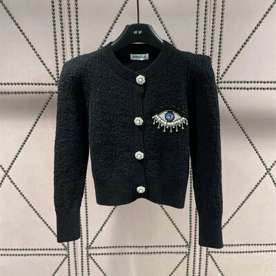 Pērles Pērļošana Trikotāžas Apgriezta Jaka Sieviešu Jauna Rudens Ziemas O-veida kakla Topi ar garām piedurknēm Džemperis Džemperis Virsdrēbes T581