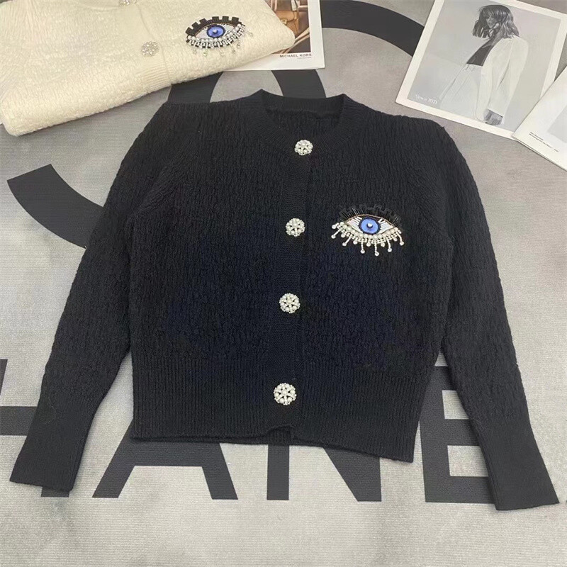 Pērles Pērļošana Trikotāžas Apgriezta Jaka Sieviešu Jauna Rudens Ziemas O-veida kakla Topi ar garām piedurknēm Džemperis Džemperis Virsdrēbes T581