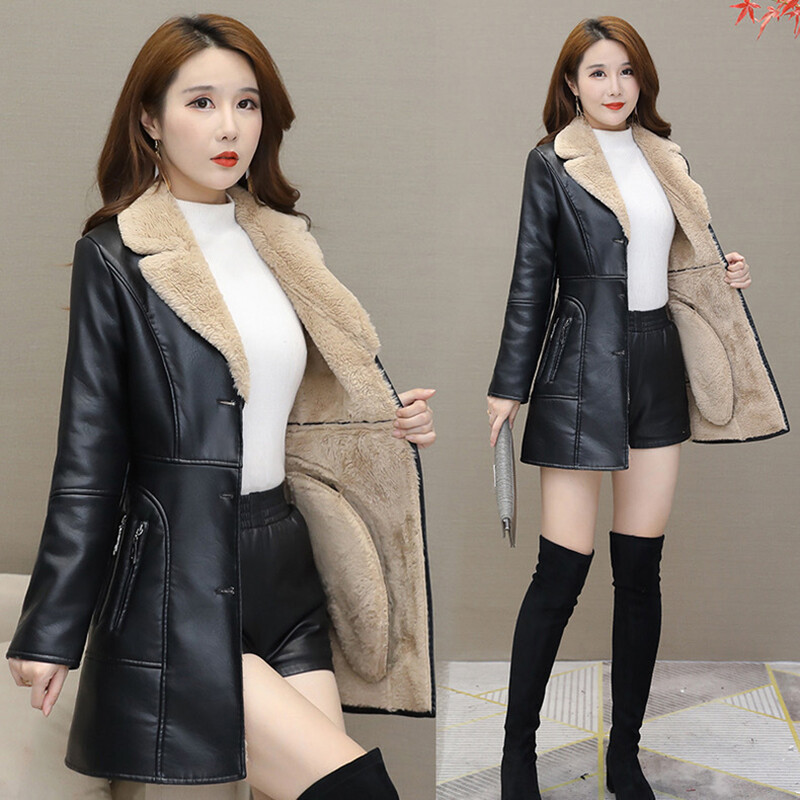 Ženska jakna od umjetne kože Debeli baršun 2024 Novi korejski jesen/zima dugi uski PU kaput
