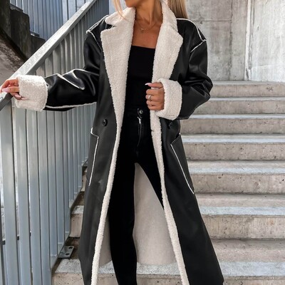 Reducere fierbinte paltoane pentru femei cu glugă, ocazional, jachetă din piele artificială solidă, haină cu guler răsturnat, jachetă izolată de iarnă pentru femei