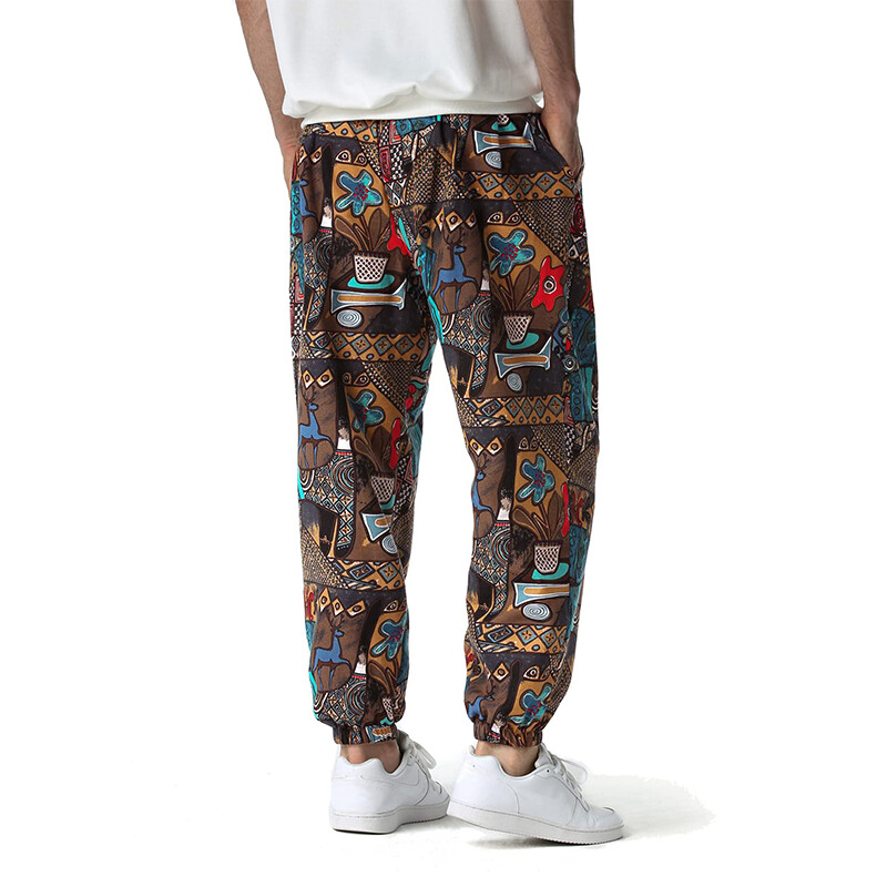 Radoša etniskā raksta apdruka Vīriešu aukliņa ar kabatām sporta bikses ikdienas kokvilnas maisījuma ērtas skriešanas bikses vīriešu apģērbs