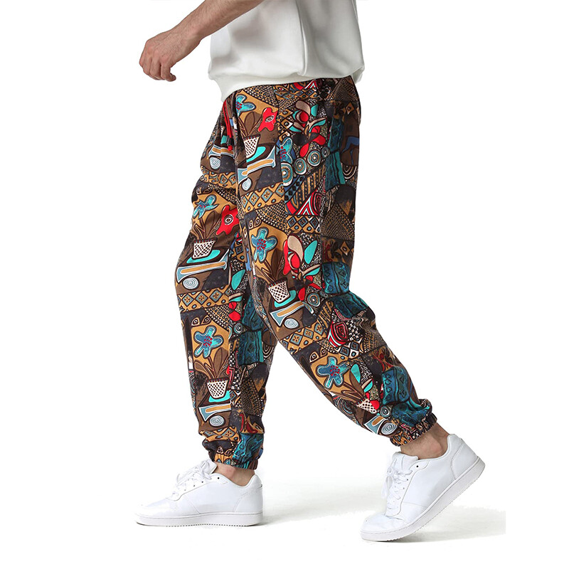 Radoša etniskā raksta apdruka Vīriešu aukliņa ar kabatām sporta bikses ikdienas kokvilnas maisījuma ērtas skriešanas bikses vīriešu apģērbs