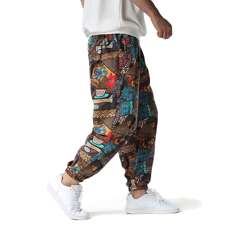 Radoša etniskā raksta apdruka Vīriešu aukliņa ar kabatām sporta bikses ikdienas kokvilnas maisījuma ērtas skriešanas bikses vīriešu apģērbs