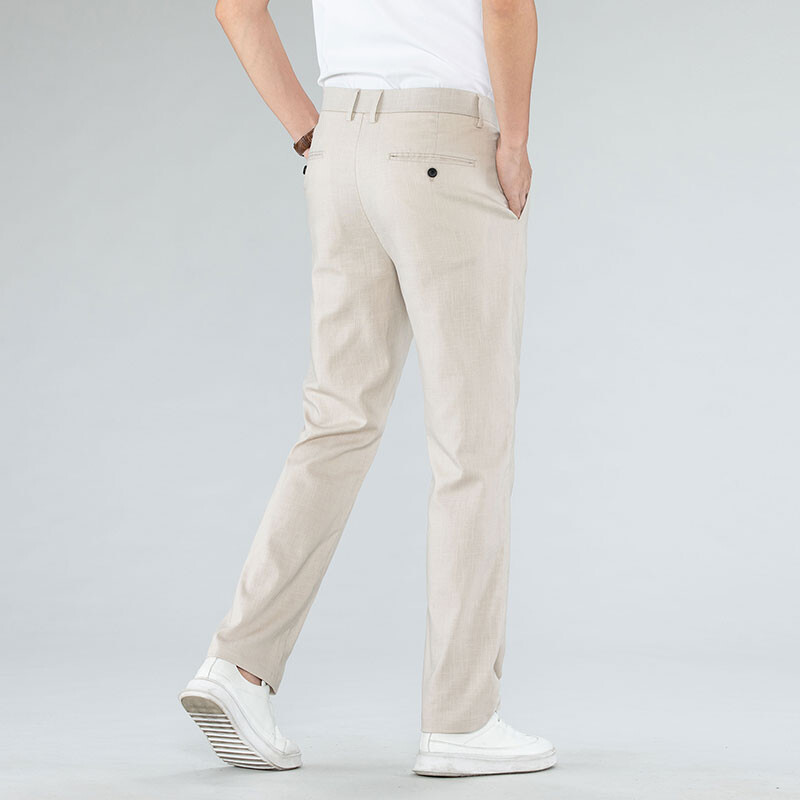 Vīriešu vasaras īpaši plānas elpojošas bikses modes klasiskas elastīgas kokvilnas lina ērtas ikdienas taisnas bikses