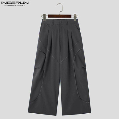 Modne muške pantalone INCERUN 2024. u korejskom stilu, jednobojne hlače sa spajanjem, ležerna ulična odjeća, jednobojne ravne hlače S-5XL
