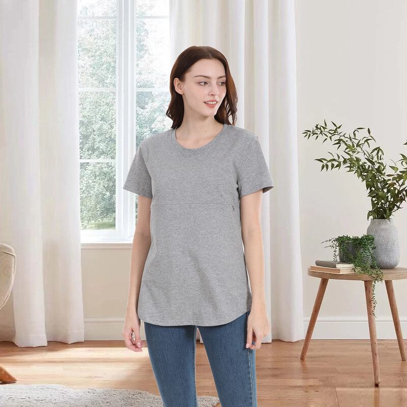 Ljetna majica za trudnice 2024. Ležerna odjeća za dojenje Vodoravni patentni zatvarač za dojenje Top od mekanog pamuka, velika veličina S-5XL