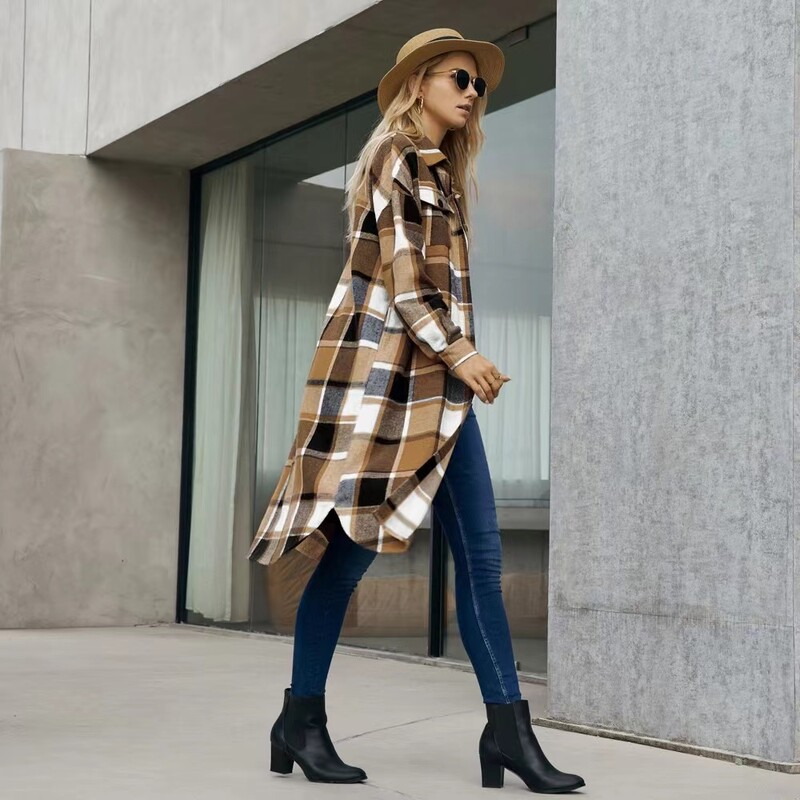 Novi jesenski kaputi od košulje 2024. Labavi vuneni Y2K vuneni trenč kaput s bočnim prorezom na rever Ženski karirani kaput dugih rukava Jakne s džepovima